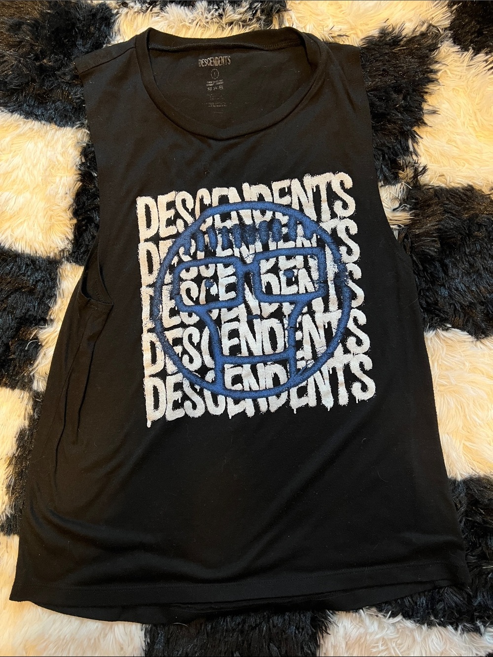 Women's Black Descendents Muscle Tee with Blue & White Logo